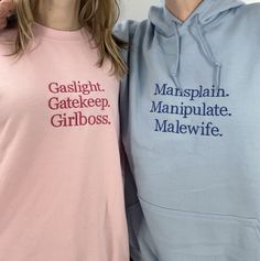 Looking for the perfect couples gift this Valentine's Day? Well stop your search. This matching set of Gaslight. Gatekeep. Girlboss. And Mansplain. Manipulate. Malewife. couple crewnecks are embroidered on a soft 50/50 cotton/polyester blend sweatshirt. This is a package deal: you will receive two crewneck sweatshirts. Choose sizes and colors from dropdown menus.  Any questions? Just ask! Funny Couple Hoodies, Cute Hoodies Aesthetic, Matching Couple Sweatshirts, Gaslight Gatekeep Girlboss, Couple Sweatshirts, Hoodie Outfits, Silly Clothes, Silly Shirt, Funky Shirts