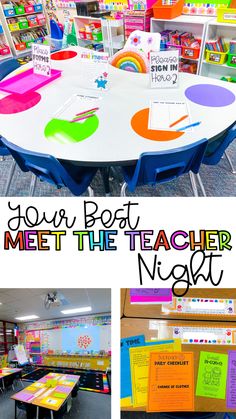 this classroom has colorful tables and chairs with writing on them