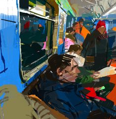 a painting of people sitting on a train