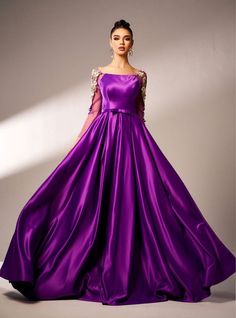 A Line Evening Gown, Evening Gown Wedding, Purple Square, Purple Prom Dress, Satin Long Sleeve, Purple Satin, Mesh Sleeves, Gown Wedding, Sheer Sleeves