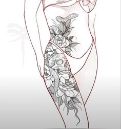 #follow #tattoos #tattooart #tattooideas #blogging #blogger #blog Classy Hip Tattoos, Back Tattoo Connected To Thigh, Leg Tattoo Ideas Female Meaningful, Skull Spine Tattoos For Women, Tattoo Inspo Women Sleeve, Side And Thigh Tattoos Women, Dark Feminine Tattoos Leg Sleeve, Thigh Tatoos Woman, Tigh Tattoo Woman