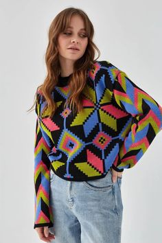 🌷Women knit sweater with geometric Boho print. You will be delighted with this sweater in Boho style. Very easy to match with skirts or pants, including jeans. MORE items : https://www.etsy.com/shop/ArtVyshyvankaUA?ref=seller-platform-mcnav§ion_id=39927440 ----------------------------------------------------------------------------------------------------- 🌷Machine knitting. Fabric: cotton 50%, 50% acryl ----------------------------------------------------------------------------------------------------- 🌷ONE SIZE OVERSIZE Measurements of the item: -Chest width - 55 cm / 21.6 in -Back length - 52 cm / 20.4 in -The length of the sleeve from the neck is 54 cm / 21.2 in ----------------------------------------------------------------------------------------------------- 🌷CARE: Please, was