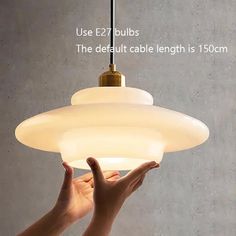 a person holding up a light fixture with the text use e2 bulbs the ideal cable length is 150cm