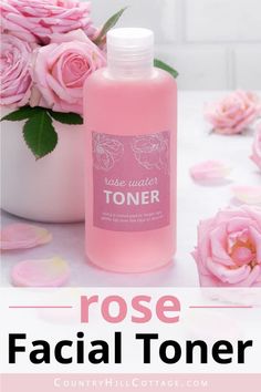 See how to make a simple soothing DIY rose water toner and learn the benefits for skin of rose toner. The easy homemade facial toner is made with natural ingredients, without witch hazel, apple cider vinegar (acv) or essential oils. The best fresh face toner is a great for natural skin care. The DIY face tonic is astringent and provides deep hydration. The toner is good for sensitive, dry, oily, combination, mature and normal skin. Inc tips for how to use and packaging. | CountryHillCottage.com Dry Skin Toner, Day Night Routine, Rose Products