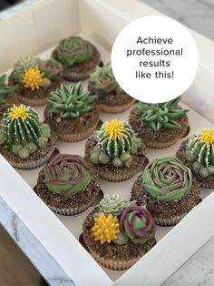 cupcakes decorated with green and yellow frosting in a box