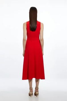 Tailored Crepe Full Skirted Midi Dress | Karen Millen Belted Midi Length Dress, Chic Belted Knee-length Midi Dress, Spring Midi Belted Dress With Belt Detail, Belted Midi Dress For Summer, Midi Length Belted Dress For Work, Belted Midi Dress For Work, Evening Midi Dress With Belt, Midi Dress With Belt For Workwear, Elegant Midi Dress With Tie Waist