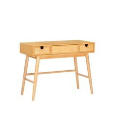 a wooden desk with two drawers on one side and an open drawer on the other