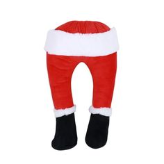 a red and white santa claus pants with black feet