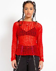 Red Sweater For Fall Streetwear, Edgy Oversized Sweater For Layering, Edgy Crew Neck Sweater For Layering, Trendy Open Knit Sweater For Layering, Trendy Red Knitted Sweater, Punk Style Winter Festival Tops, Winter Festival Punk Style Tops, Edgy Tops For Winter Festival, Red Grunge Tops For Fall