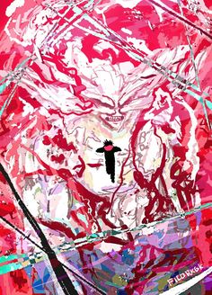 an abstract painting with red, pink and white colors in the center is a black bird