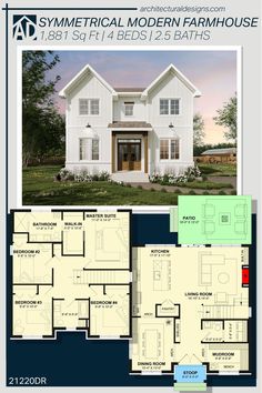 the floor plan for a modern farmhouse house with two story and three car garages