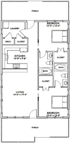 the floor plan for a two bedroom, one bathroom apartment with an attached kitchen and living room