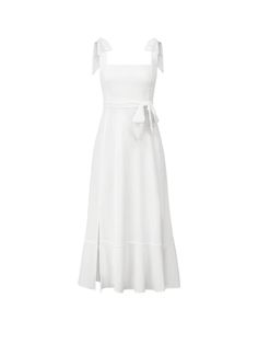 Make a daring statement in our AVIANCA Shoulder Tie Bridal Midi Dress in wedding white. This alluring bridal inspired midi dress features the signature AVIANCA shoulder tie detailing and rich claret fabric with a delicate shimmer, creating a sophisticated and exclusive look for the fashion-forward bride. Crafted with a luxurious feel, this dress is sure to dazzle on your special day or wedding guests. Size Guide: Model is 5’6” tall, and has a 33.4” bust, 26.5” waist, & 34.6” hips. She is wearing White Tie-back Midi Dress For Formal Occasions, White A-line Midi Dress With Fitted Bodice, Elegant White Tie Back Dress, Elegant White Dress With Tie Back, White Formal Dress With Tie Back, Evening White Midi Dress With Tie Back, White Tie-back Midi Dress For Evening, White Tie Back Midi Dress For Evening, White Fitted Midi Dress With Tie Back