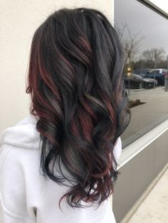 Blue Black Hair With Red Highlights, Black Hair With Brown And Red Highlights, Dark Hair Color Ideas With Red, Dark Black And Red Hair, Burgundy And Dark Brown Hair, Dark Brown Hair With Wine Highlights, Dark Red And Dark Brown Hair, Black Brown And Red Hair, Dark Brown Hair With Red Peekaboos