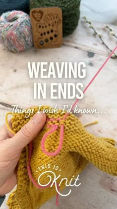 someone is knitting something in their hand with the words weaving in ends on it and there are