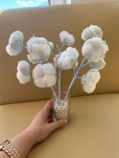 a hand holding a glass filled with cotton flowers