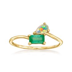 Ross-Simons - Opal and .20 Carat Emerald Toi et Moi Ring in 14kt Yellow Gold. Size 8. RS Pure. Modern designs that complete your outfit and complement your personality. French for "you and me," Toi et Moi rings are a unique way to celebrate a special relationship in your life. Wear our on-trend, two-stone designs as a sentimental symbol of romance, friendship, family - or simply treat yourself to double the sparkle! This dainty statement features a dreamy 5x3mm pear-shaped opal glowing atop a .2 May Birthdays, Couple Gifts For Her, Emerald Birthstone, Fine Jewelery, Ring Emerald, Dream Engagement Rings, Dream Engagement, Perfect Couple, Proposal Ring