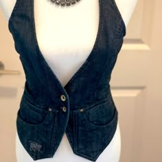 Nwt Dark Denim Vest, Fun To Dress Up Or Down, Can Be Worn In Many Ways. Vest Has Slim Fit. Beautiful Details Denim Vests For Women, Fitted Cotton Denim Top With Pockets, Chic Fitted Dark Wash Denim Vest, Fitted Dark Wash Denim Vest, Fitted Dark Wash Denim Top With Pockets, Thrifting Manifestation, Denim Couture, 2025 Style, Denim Vests