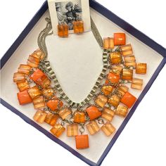 Tou-Che Orange And Gold Beaded Necklace And Earring Set. Brand New. Rainbow Choker, Marble Necklace, Gold Beaded Necklace, Multi Strand Beaded Necklace, Pink Pearl Necklace, Stone Statement Necklace, Agate Pendant Necklace, Orange And Gold, Gold Bead Necklace