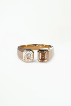 14k solid Fairmined yellow gold Champagne diamond, emerald cut, 6.23x4.79x3.41mm, 1.01ct, Argyle mine, Australia originDiamond, emerald cut, 6.10x4.94x4.01mm, 1.01ct, L VVS2, GIA certified, reclaimed originDiamonds 2.02 total carat weightRing band tapers from approximately 7mm to 3.4mm wide Gia Certified Rectangular Gold Diamond Ring, Classic Emerald Cut Emerald Ring In Rose Gold, Gold Radiant Cut Gia Certified Emerald Ring, Gia Certified Radiant Cut Gold Emerald Ring, Gold Emerald Ring For Anniversary, Octagon Shaped, Gold Asscher Cut Emerald Ring For Formal Occasions, Formal Emerald Cut Emerald Ring With Rose Cut Diamonds, Formal Emerald Cut Ring With Rose Cut Diamonds, Formal Gold Asscher Cut Emerald Ring