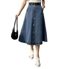 Spring Non-stretch Denim Skirt, Non-stretch High Waist Denim Skirt For Spring, Mid-rise Cotton Denim Skirt With Button Closure, Non-stretch Mid-rise Denim Skirt For Spring, Trendy Mid-rise Denim Skirt For Spring, Spring Knee-length Denim Blue Skirt, Spring High Waist Denim Skirt For Day Out, Trendy Knee-length Denim Blue Skirt, Non-stretch Denim Skirt For Spring