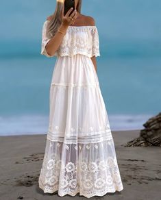 Boho Wedding Dress, White Lace Maxi Dress, Boho Chic Maxi Dress, Boho Wedding - Etsy Summer Beach Maxi Dress With Scalloped Lace, Summer Maxi Dress With Scalloped Lace, Beige Lace Floor-length Maxi Dress, Bohemian Scalloped Lace Maxi Dress For Summer, Spring Bohemian Maxi Dress With Scalloped Lace, Flowy Lace Maternity Maxi Dress, Summer Lace Work Maxi Dress, Summer Wedding Maxi Dress With Scalloped Lace, Bohemian Summer Dress With Lace Bodice