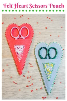 two felt heart scissors pouches on a table with text overlay that says felt heart scissors pouch