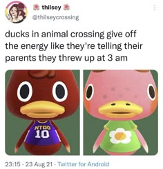 an image of two cartoon characters with the caption ducks in animal crossing give off the energy like they're telling their parents they threw up at 3 am