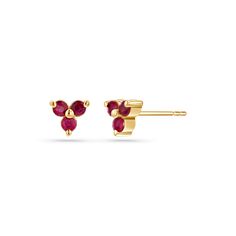 These 14K Trio Ruby Studs are perfect for add a subtle splash of color to your stack. Featuring three rich red rubies set in a playful triangular shape, these 14K gold studs bring a modern twist to classic elegance. Each ruby is prong-set to capture light beautifully, adding a hint of sparkle to your everyday look. A daily wear that you'll never want to take off, they are perfect for stacking or alone.

Size:  4mm

Genuine Rubies 1.70mm Round Brilliant Cut
Approx. 0.15cts

14K Solid Gold
Lifetime Guarantee
Made in Los Angeles