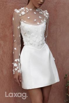 Mini Wedding Dress With Overskirt, Short High Neck Wedding Dress, Wedding Dress Sleeve Add Ons, Fall Short Wedding Dress, Love Actually Wedding Dress, Lace Overlay Top For Wedding Dress, Summer Short Wedding Dress, Short Rehearsal Dinner Dress For Bride, Mini Wedding Dress With Sleeves