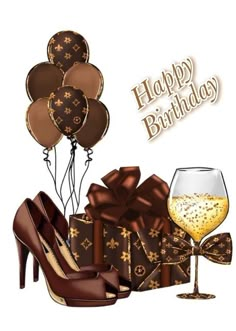 a pair of high heeled shoes sitting next to a wine glass and gift boxes