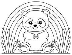 a black and white drawing of a bear sitting in the grass with a rainbow behind it