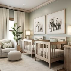 a baby's room is decorated in neutrals and whites, including an elephant print on the wall