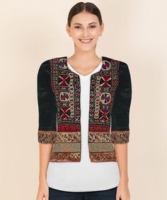 Experience Fashionable elegance with this Mashroo Cotton Silk Kutchi hand embroidered mirror work Jacket crafted from superior cotton silk blend for comfort and breathability. The Kutchi hand embroidered on its front crafted by artisans of Kutch which reflects of colourful Kutch. Look & feel your best with this timeless piece. Fitted Nehru Jacket With Embroidered Border For Festivals, Traditional Fitted Outerwear With Embroidered Border, Fitted Traditional Outerwear With Embroidered Border, Bohemian Outerwear With Embroidered Border For Festive Occasions, Bohemian Nehru Jacket With Intricate Embroidery, Traditional Fitted Nehru Jacket With Embroidered Border, Bohemian Choli For Navratri, Bohemian Long Sleeve Choli For Transitional Season, Transitional Long Sleeve Choli