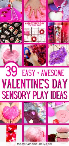 Collage of various Valentine's Day sensory activities with the words "39 Easy + Awesome Valentine's Day Sensory Play Ideas" February Sensory Bin, Waldorf Rhythm, Preschool Valentines Activities, Winter Sensory Bin, Valentine Sensory, Science Valentines, Sensory Table Ideas, Toddler Sensory Bins, Valentines Activities