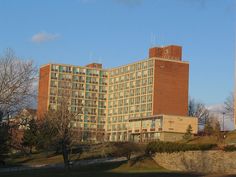 a tall building sitting on the side of a road next to a lush green field