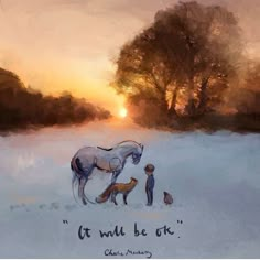 a painting of a person and a horse in the snow