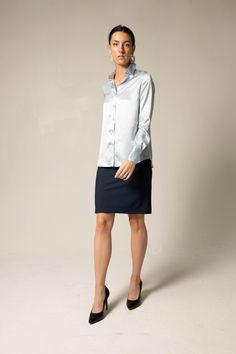 Description: Navy women's straight skirt that is designed keeping classiness and minimalism in mind. Made with high-quality 73% Nylon and 41% Elastane. The skirt can be paired with blouses and tops of choice to create chic and office-friendly attire. The skirt accentuates effortlessly and is super comfortable for everyday wear. Easy to maintain with routine dry cleaning (only). Available in sizes XS to XL, the skirt is inclusive and fits true to size. It has mid-weight and stretchy fabric built, Navy Mini Skirt, Silk Blouses, Blouses And Tops, Formal Skirt, Boys Bottoms, Denim Jacket Men, Straight Skirt, Long Hours, Active Wear Leggings