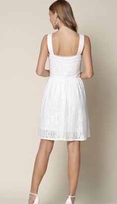 White lace sleeveless fit and flare dress w/ side zipper 100% polyester hand wash or dry clean Fit And Flare Dress, Flare Dress, Fit And Flare, White Lace, Side Zipper, White Dress, Dry Clean, Hand Wash, Zipper