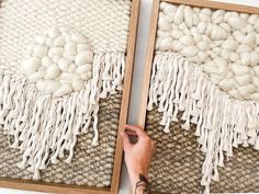 two pictures that have been made to look like weaving with yarn and wool balls on them