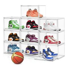 six tiered clear acrylic shoe rack with basketballs and sneakers on it