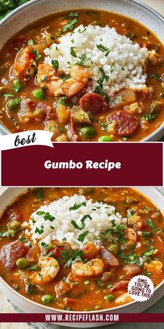 two bowls filled with gumbo and rice