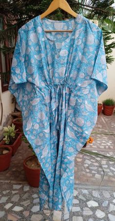 "These Kaftan we make from pure cotton Cambric Handblock print fabric. Handblock print gives it very unique look Size= Length 52\" Free size in chest . ." Traditional Cotton Kaftan For The Beach, Bohemian Blue Sleepwear For Vacation, Blue Bohemian Sleepwear For Vacation, Blue Cotton Kaftan In Free Size, Blue Cotton Kaftan For Loungewear, Blue Cotton Kaftan For Vacation, Blue Cotton Kaftan For The Beach, Blue Cotton Kaftan For Beachwear, Blue Free Size Cotton Kaftan