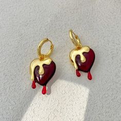 Gold And Red Jewelry, Earrings Mens, Gold Heart Earrings, Gold Drip, Vintage Drop Earrings, Red Heart Earrings, Heart Hoop Earrings, Alloy Earrings, Gold And Red