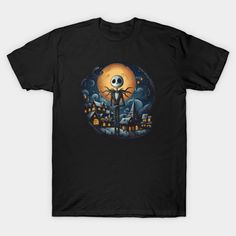 a black t - shirt with an image of a skeleton in front of a full moon