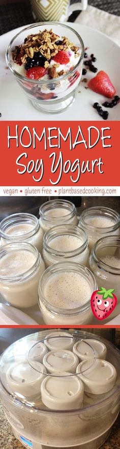 homemade soy yogurt recipe in mason jars with strawberries on the side and text overlay