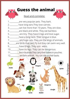 an animal worksheet with the words guess the animal