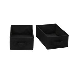 two black storage bins sitting next to each other on a white background with one empty