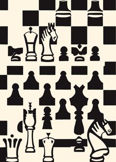 the chess board is shown with black and white pieces on it, as well as an image of a horse