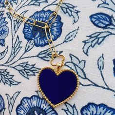 14k gold dipped lapis heart pendant with a beaded border. 32mm Hunter Bell, Mignonne Gavigan, Beaded Heart, Rebecca Vallance, Tanya Taylor, Gold Dipped, Cocktail Dress Party, New Shoes, Heart Pendant